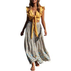 Women's Bohemian Floral Printed Elastic Waist A Line Maxi Skirt with Pockets